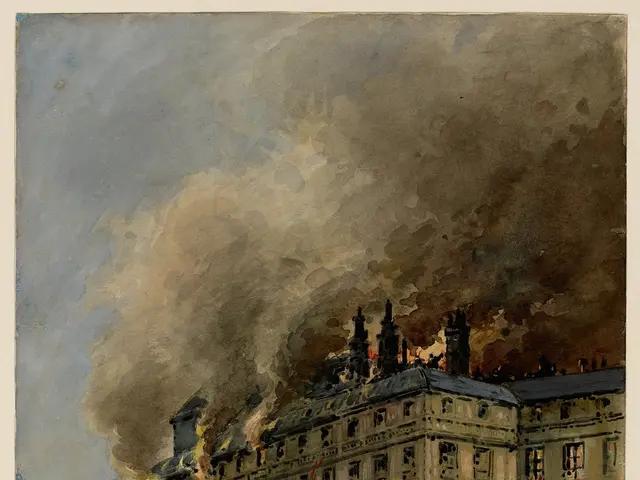 The image shows a painting of a fire in the middle of a city street, with a building engulfed in...