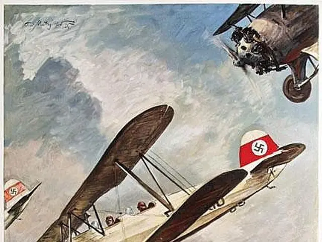 The image shows a German World War II propaganda poster featuring a group of fighter planes flying...