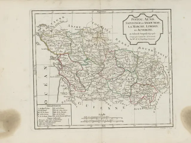 The image shows an old book with a map of France on it. The map is detailed and shows the various...