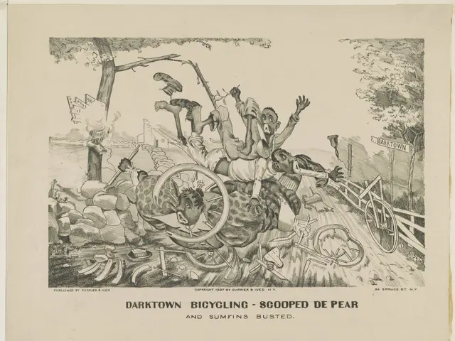 The image shows a paper with a drawing of a group of people riding a bicycle, with the words...