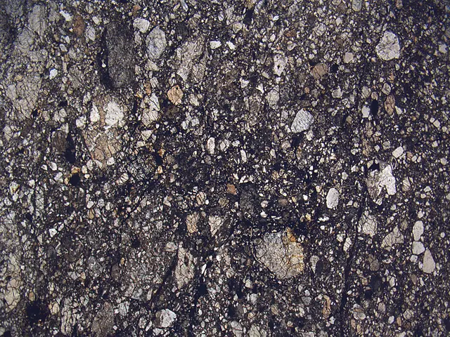 The image shows a close up of a black and white asphalt surface with small stones scattered across...