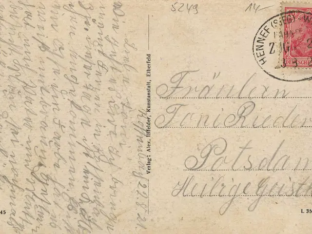 The image shows an old postcard with a red stamp on it, which is an envelope from Germany to...