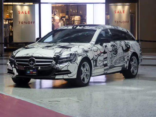 The image shows a Mercedes-Benz CLS Shooting Brake parked in front of a store, with mannequins...