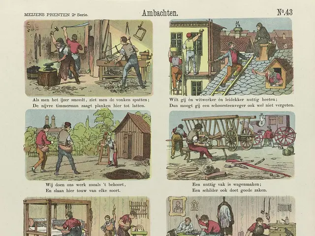 The image shows an old book with a variety of pictures of people working in a woodworking shop. The...