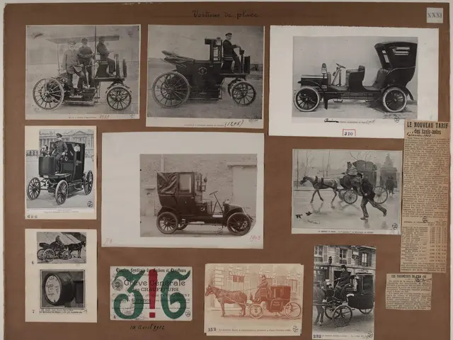 The image shows a bulletin board with a variety of pictures of old cars and people, as well as some...