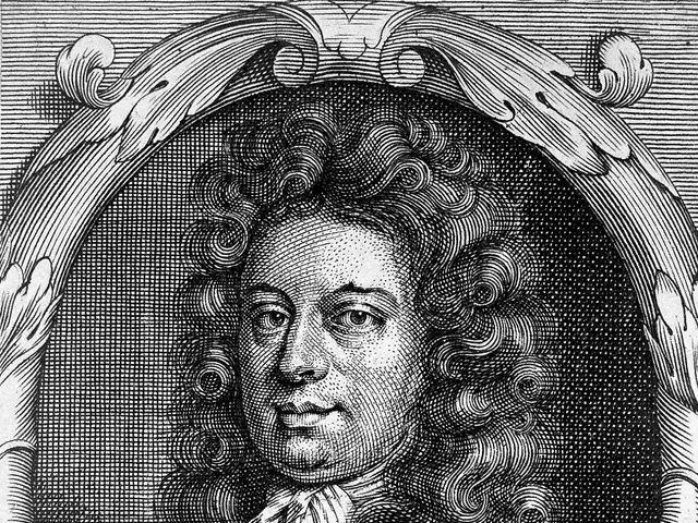 The image shows a black and white engraving of a man with long curly hair, identified as Johannes...