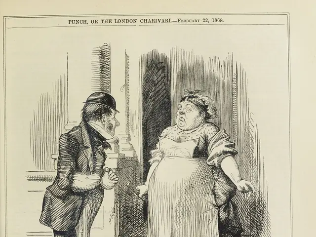 The image shows a paper with a drawing of a man and a woman standing on the floor, with a bucket...