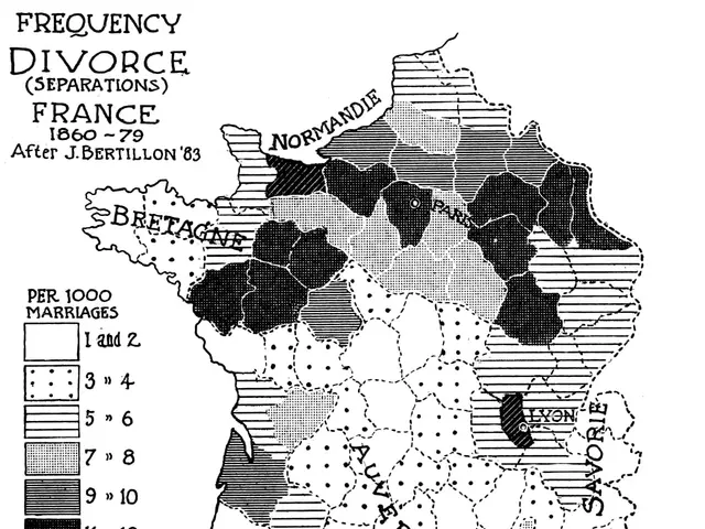 The image shows a black and white map of France with text and numbers indicating the frequency of...