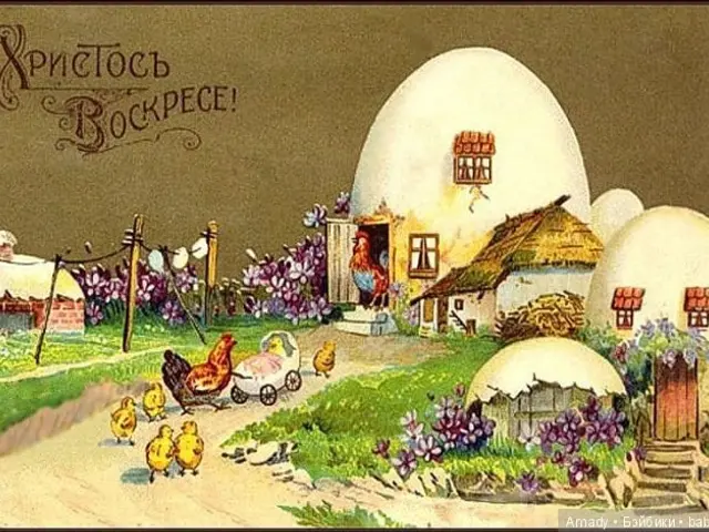 The image shows an old postcard with a picture of a farm scene featuring hens, hens in a cart,...