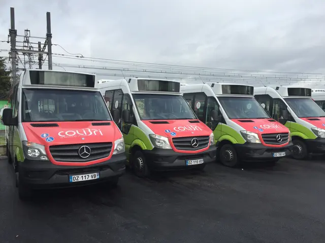 The image shows a row of four ambulances parked in a parking lot next to each other, with a fence,...