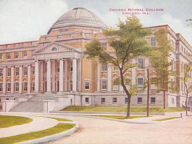 The image shows an old postcard of Chicago Normal College in Chicago, Illinois. It features a large...