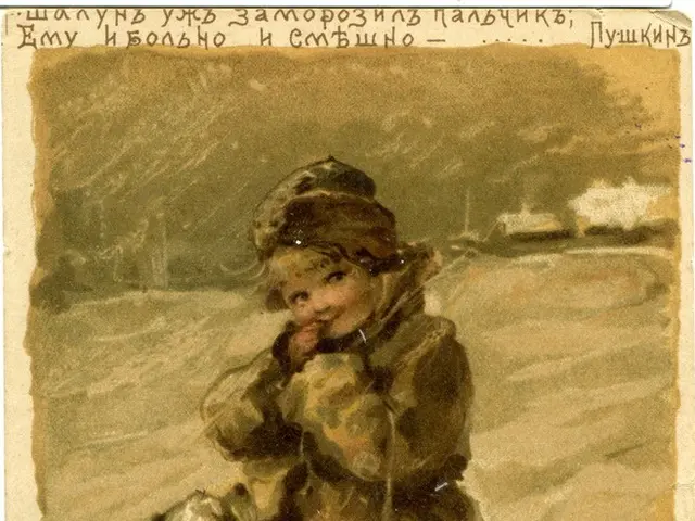 The image shows an old postcard of a little girl sitting on a sled with a dog, surrounded by a...