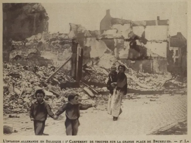 The image shows a black and white photo of three children walking through the rubble of a destroyed...