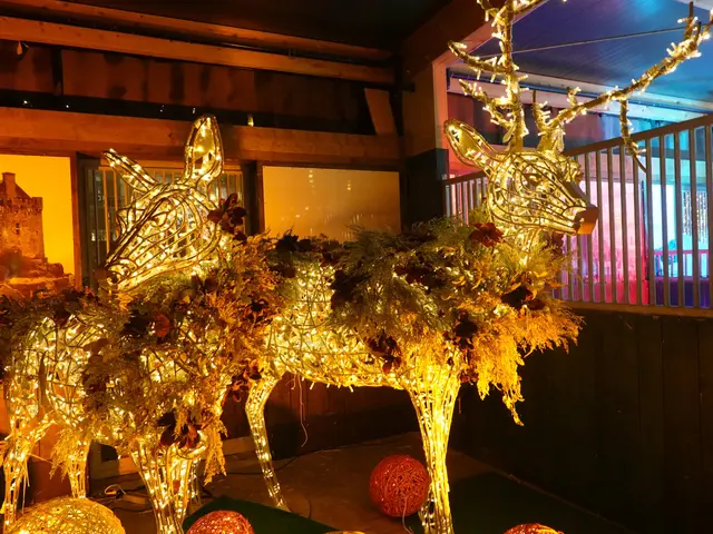 The image shows a couple of reindeer standing next to each other in front of a building,...