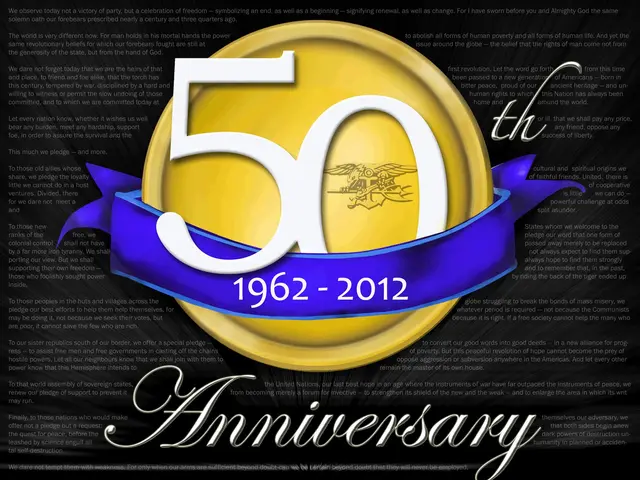 The image shows a 50th anniversary poster with a black background, featuring text, a logo, and...