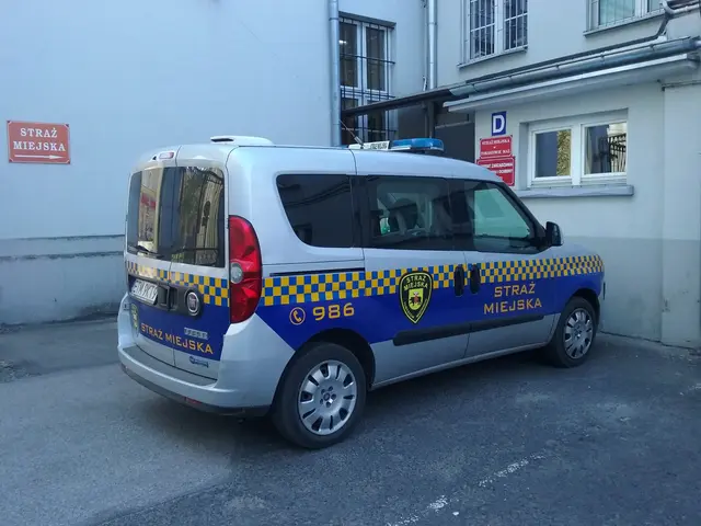 The image shows a police van parked in front of a building with windows, pipes, and boards with...