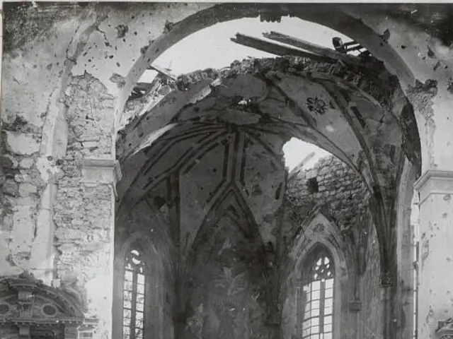 The image shows the interior of a church that has been destroyed by fire. The walls are crumbling...