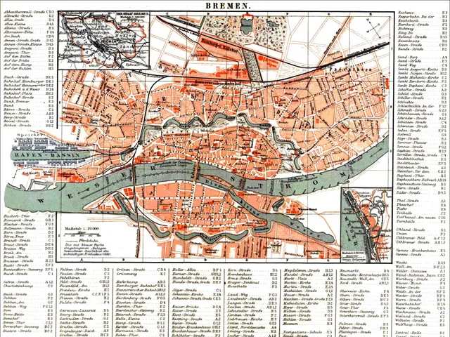 The image shows an old map of the city of Bremen, Germany, with text detailing the city's streets...