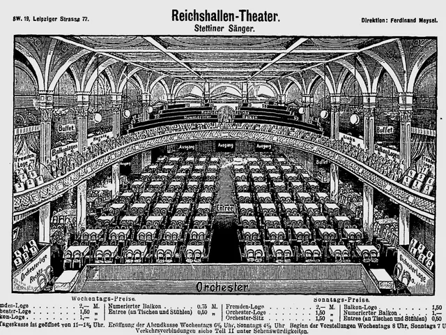 The image shows a black and white drawing of the Reichshallen Theater in Berlin, Germany. It...
