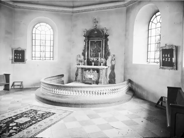 The image shows a black and white photo of an altar in a church. The altar is surrounded by a wall...