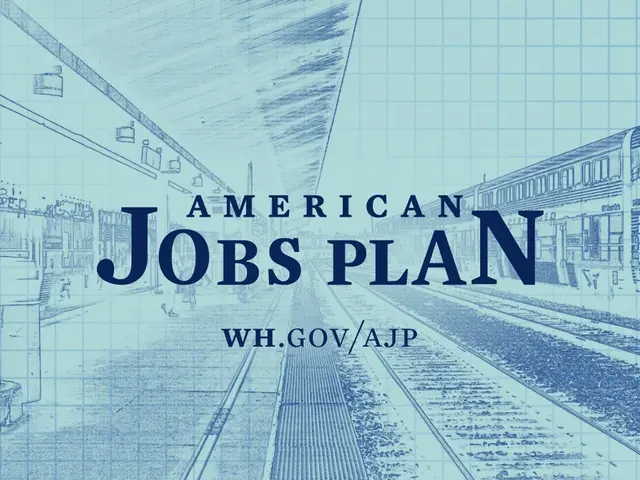 The image shows a blueprint of a train station with the words "American Jobs Plan" written on it....