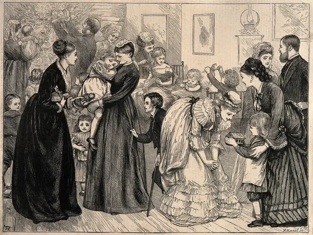 The image shows a group of people standing around each other in a room, with a woman in the center...