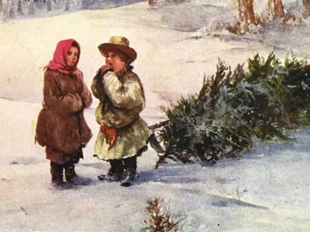 The image shows two children carrying a Christmas tree in the snow, surrounded by plants and wooden...