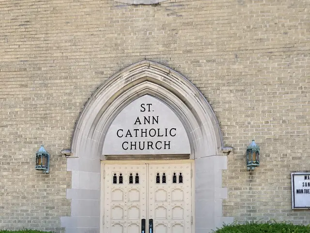 The image shows St. Ann Catholic Church, a building with a door, stairs, railings, plants, and a...