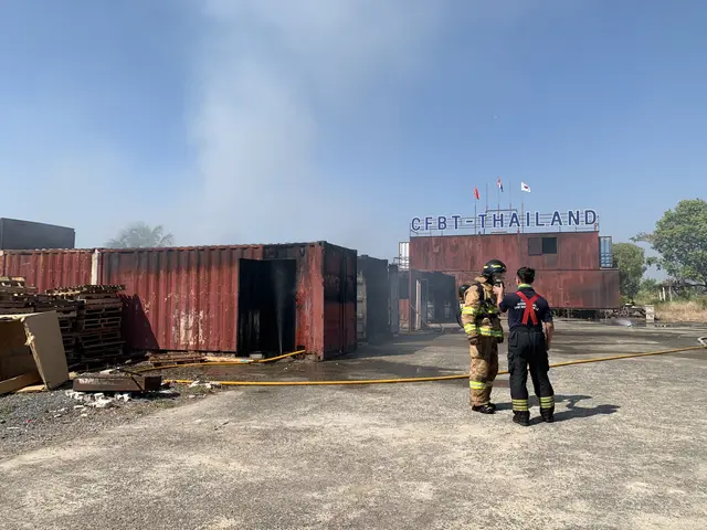 The image shows two firefighters standing in front of a building with smoke billowing out of it....