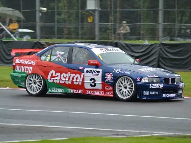 The image shows a car driving on a race track with text and numbers on it, surrounded by grass on...