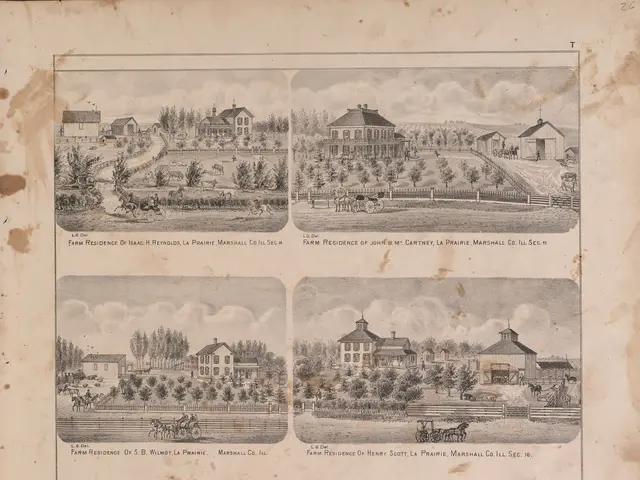 The image shows an old book with a drawing of a farm in the middle of it, surrounded by houses,...