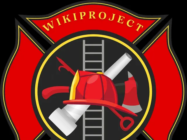 The image shows a firefighter logo with the words "Wikiproject Firefighting" written in bold, white...