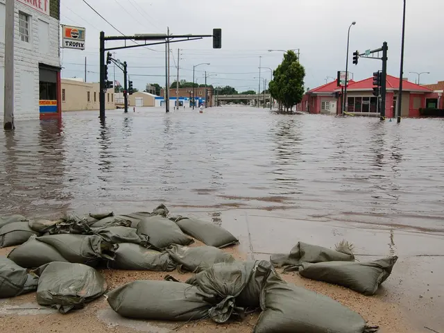 The image shows a flooded street with sandbags on the side of it, surrounded by buildings, trees,...