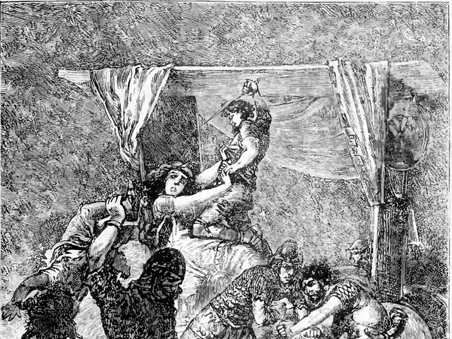 The image shows a black and white illustration of a man being attacked by a group of people, with a...