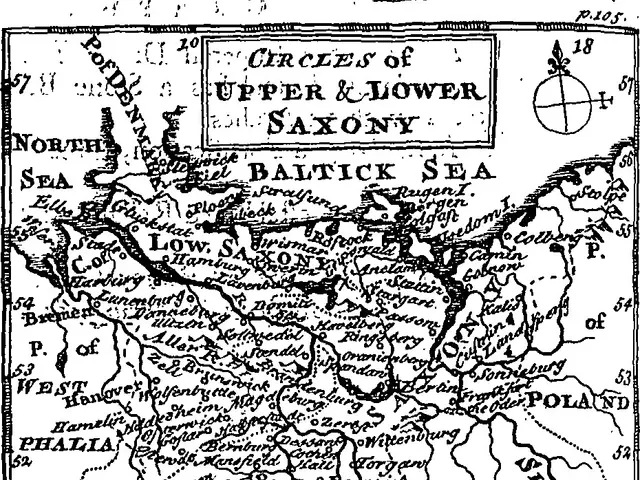 The image shows a black and white map of the Upper and Lower Saxony, with text written on it. The...