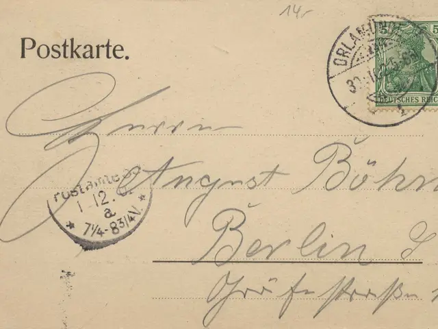 The image shows an old postcard with a stamp on it from Germany to Germany, with the text...