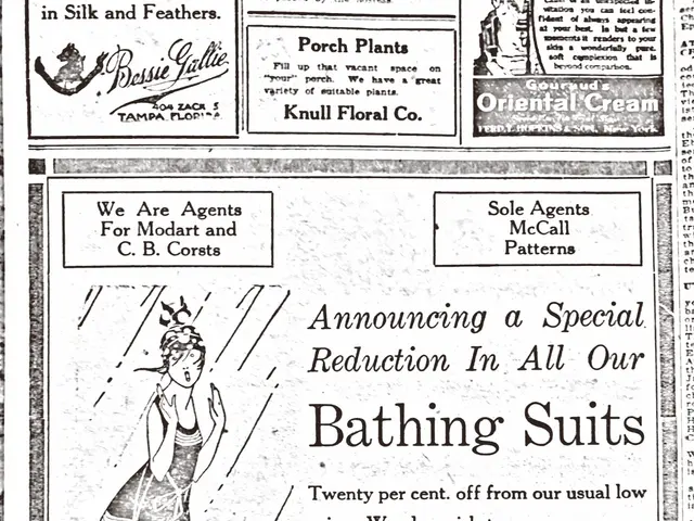 The image shows an advertisement for Steinberg & Company's bathing suits, featuring a woman in the...