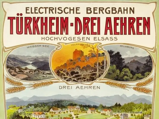 The image shows a poster advertising the electric city of Bergbahn, Germany. It features pictures...