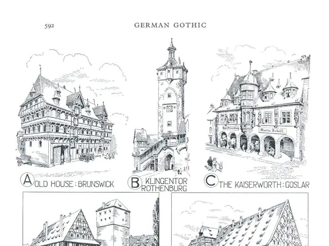 The image shows a poster with a variety of German Gothic buildings, each with its own unique...