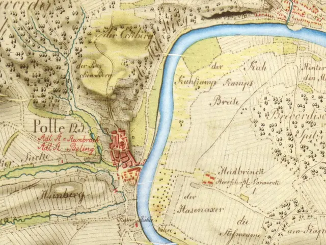 The image shows an old map of the city of Polle, Germany, with a river running through it. The map...