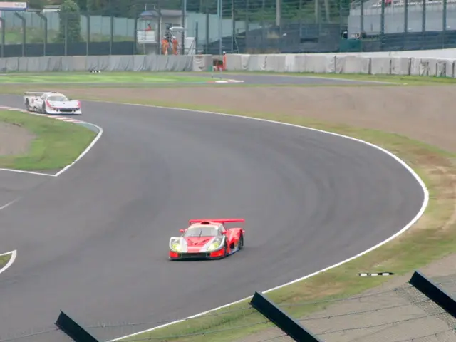 The image shows two sports cars racing on a race track surrounded by grass, mesh fencing, poles,...