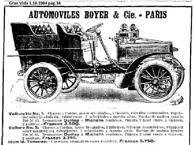 The image shows an advertisement for an old car with a black and white picture of the vehicle and...