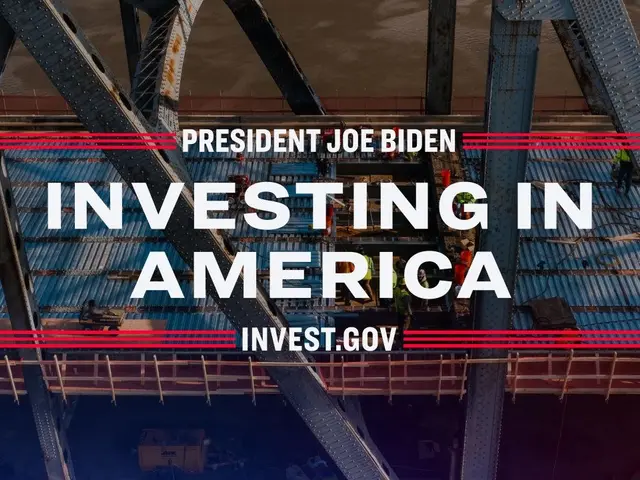 The image shows President Joe Biden investing in America, with a bridge in the background and...