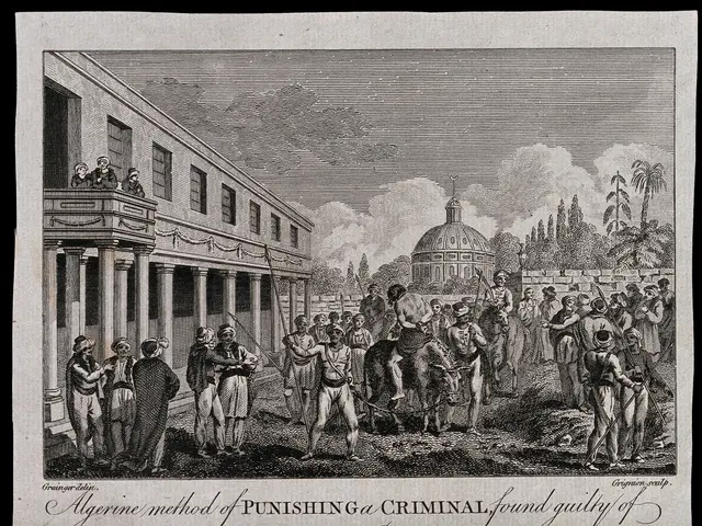 The image shows a black and white drawing of a group of people standing in front of a building with...