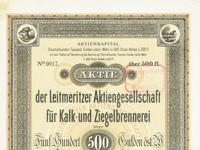 The image shows an old German stock certificate with a picture of a factory in the background. The...