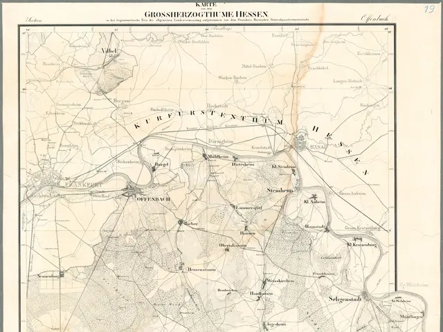 The image shows an old map of the city of Hessen, Germany, with black borders and text written on...