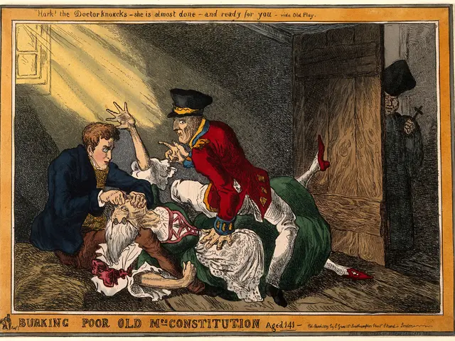 The image shows a cartoon depicting a man in a red coat and hat being attacked by a woman in a...