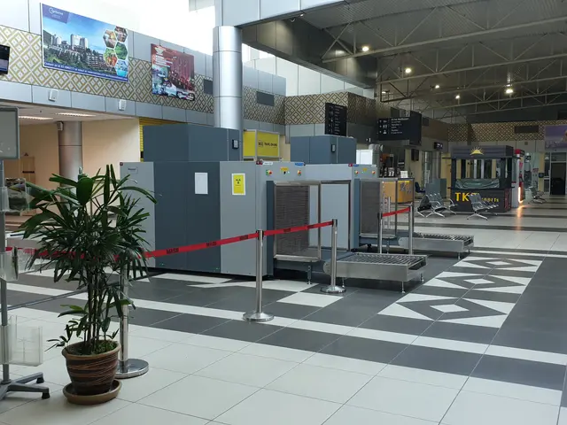 The image shows an empty airport terminal with a check in counter, houseplants, barrier poles with...