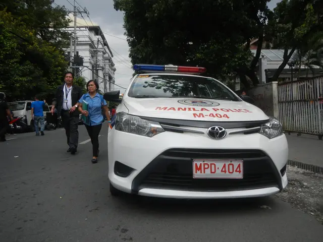 The image shows a police car parked on the side of the road, with a number plate and text on it....