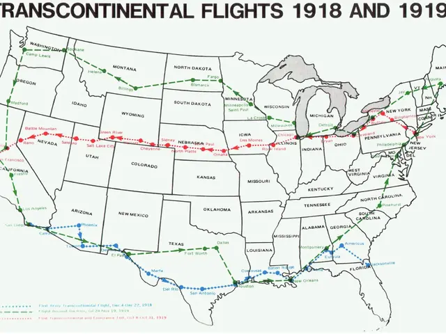 The image shows a map of the United States with the routes of transcontinental flights from 1918 to...